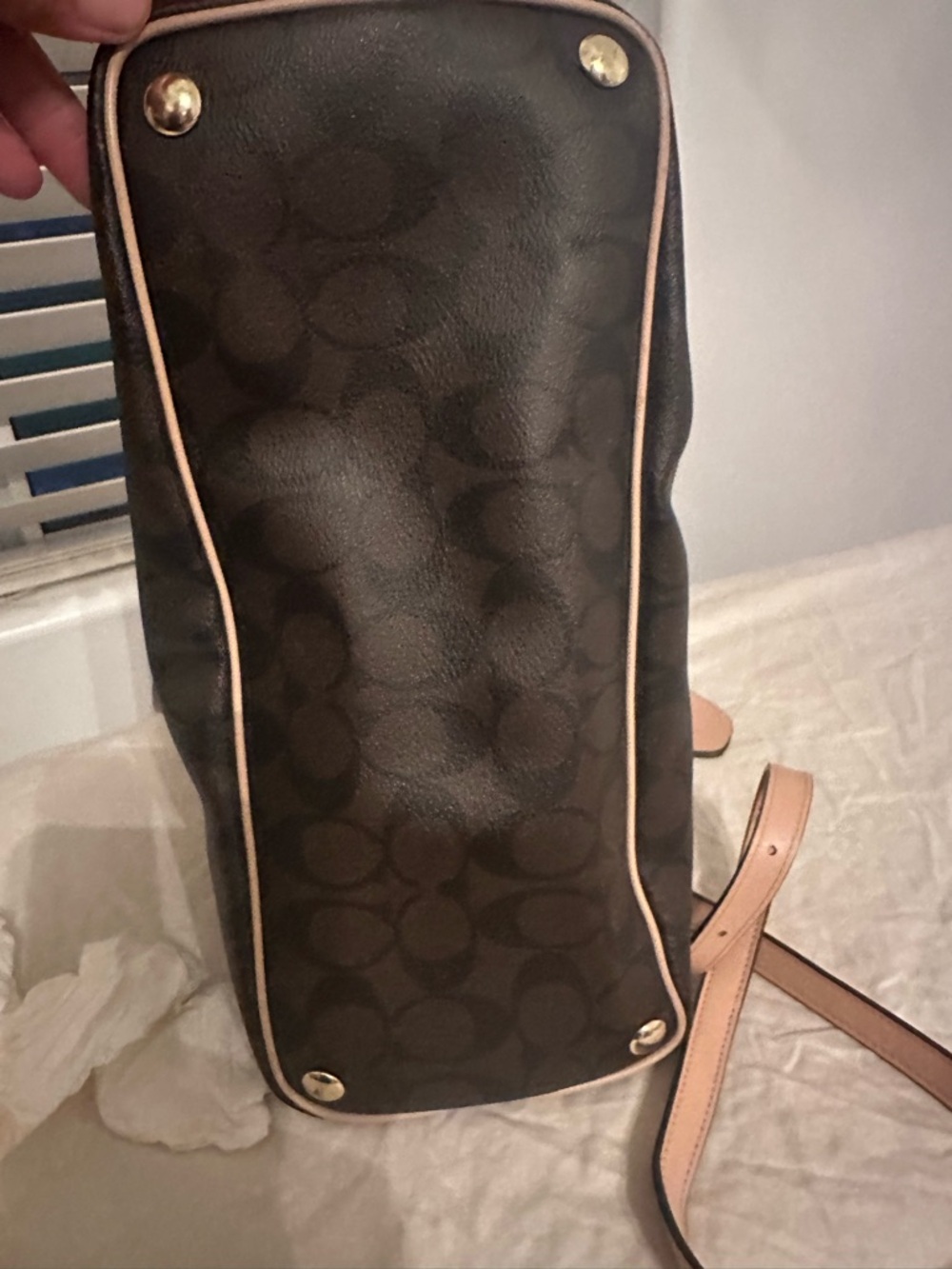 Coach Peyton Brown Signature Dome Satchel with Beige Trim and Red Tag - Picture 5 of 5